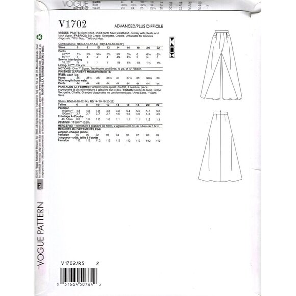 Vogue Couture V1702 Misses 6 to 14 Claire Shaeffer Skirted Pants Uncut Pattern - Picture 2 of 2